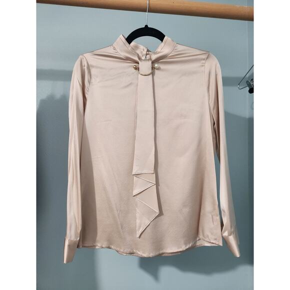 LILYSILK Women’s 90% Silk Blouse – Cream Pearl Accent Tie Neck Long Sleeve Top - Picture 3 of 5